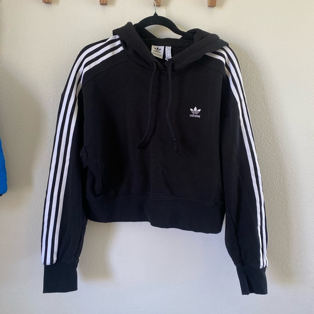adidas Black Cropped Hoodie with White Three-Stripes